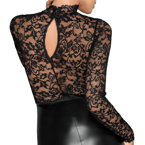 Noir Black Lace and Wet Look Pencil Dress