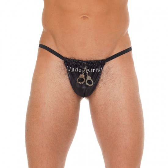 Mens Black GString With Handcuff Pouch